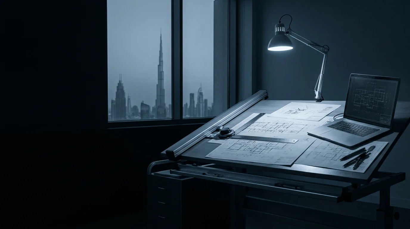 A drafting table under a lamp at blue hour, blueprints and a laptop, the Dubai skyline beyond the window